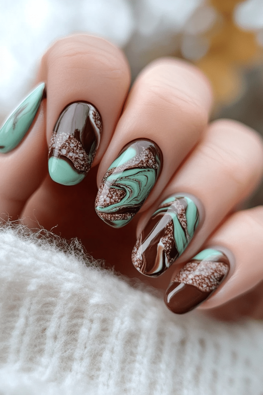12. Mint Chocolate Marble (Winter Birthday Nail Design Ideas) - Winter Birthday Nail Design Ideas