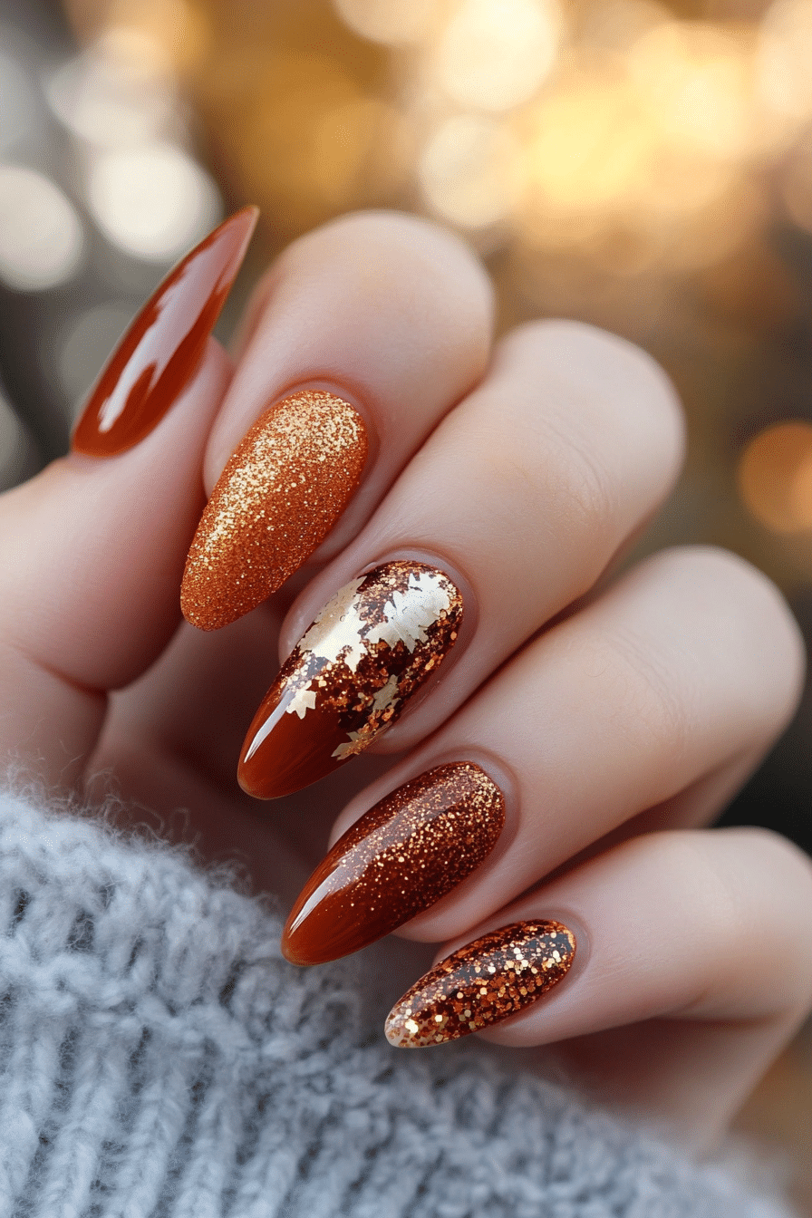 21. Fireside Gold Sparkle (Winter Birthday Nail Design Ideas) - Winter Birthday Nail Design Ideas