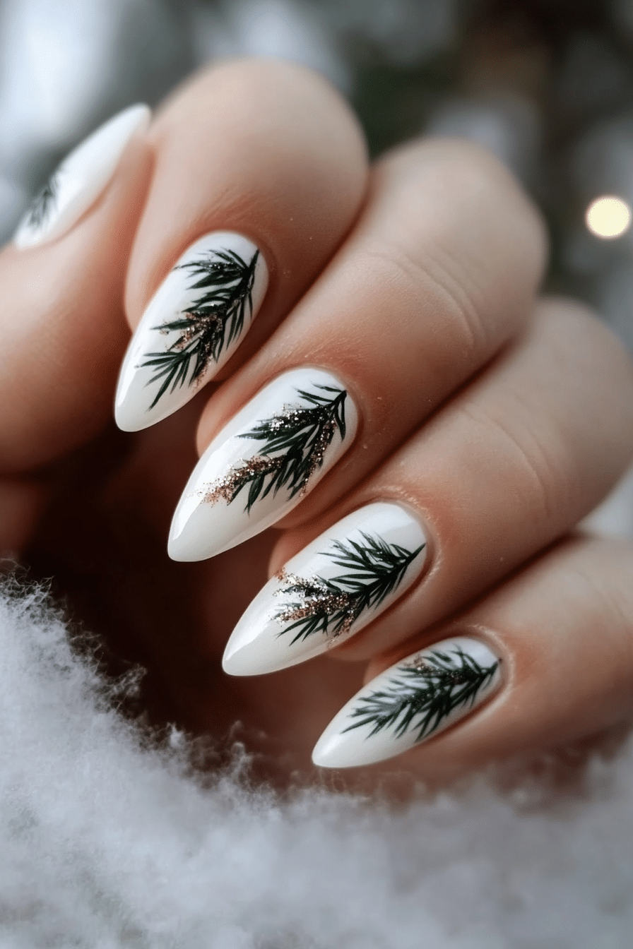 14. Snowy Pine Detail (White Winter Nail Design Ideas) - White Winter Nail Design Ideas