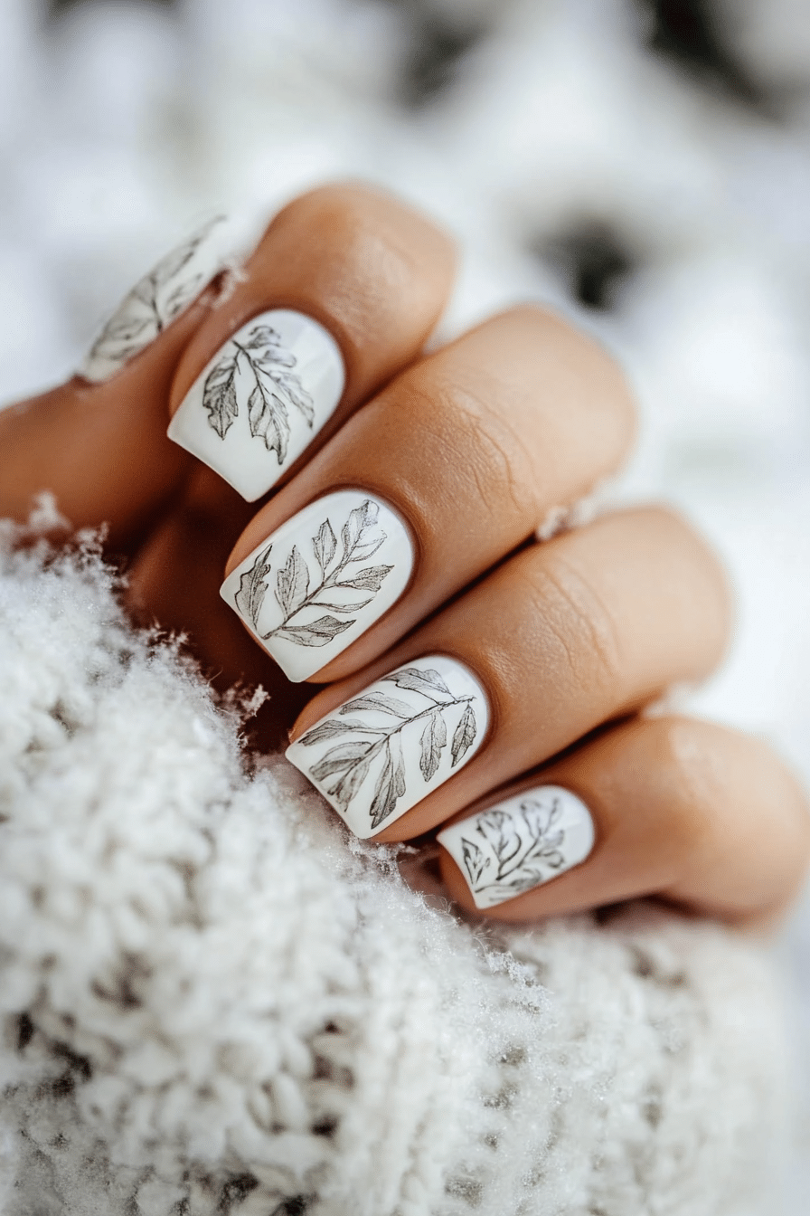 20. Frozen Leaf Impression (White Winter Nail Design Ideas) - White Winter Nail Design Ideas