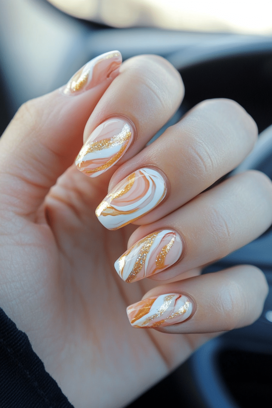 10. Peach Marble Swirl (Short Spring Break Nail Design Ideas) - Short Spring Break Nail Design Ideas