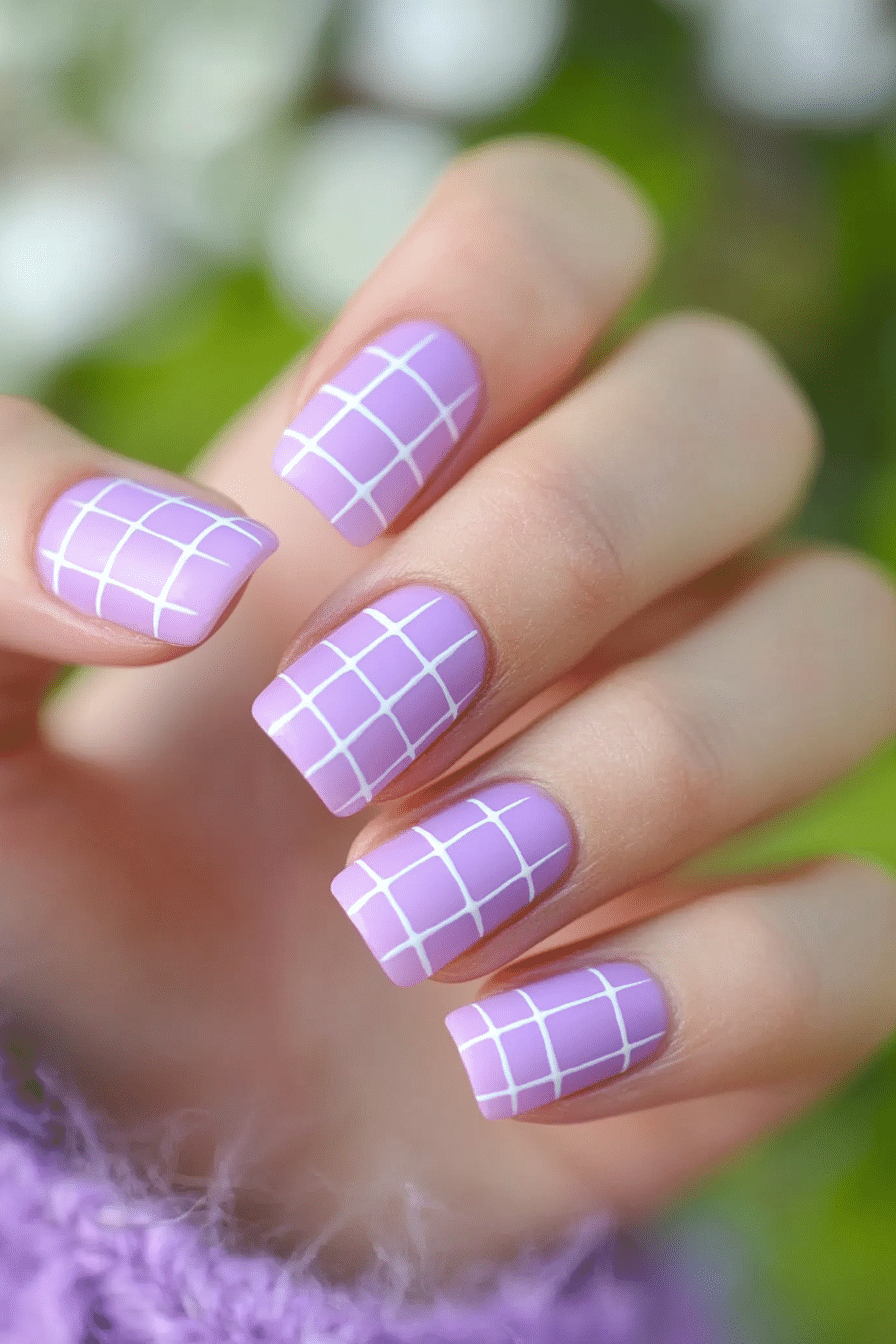 16. Lavender Grid (Short Spring Break Nail Design Ideas) - Short Spring Break Nail Design Ideas