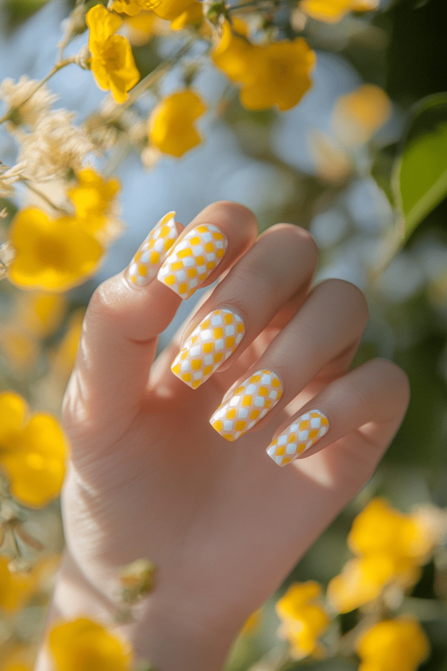 22. Sunbeam Checkerboard (Short Spring Break Nail Design Ideas) - Short Spring Break Nail Design Ideas