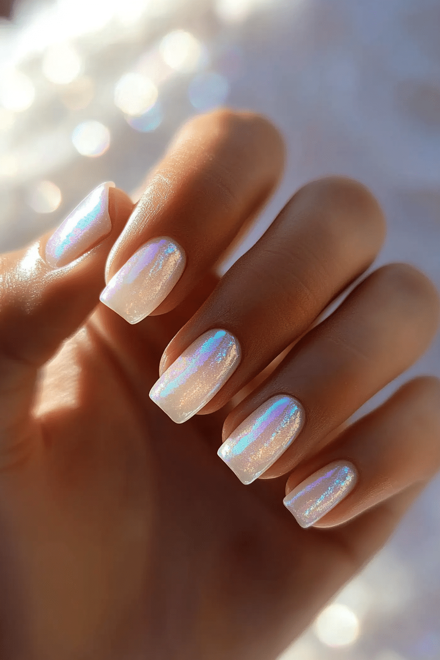 26. Iridescent Shell Shimmer (Short Spring Break Nail Design Ideas) - Short Spring Break Nail Design Ideas