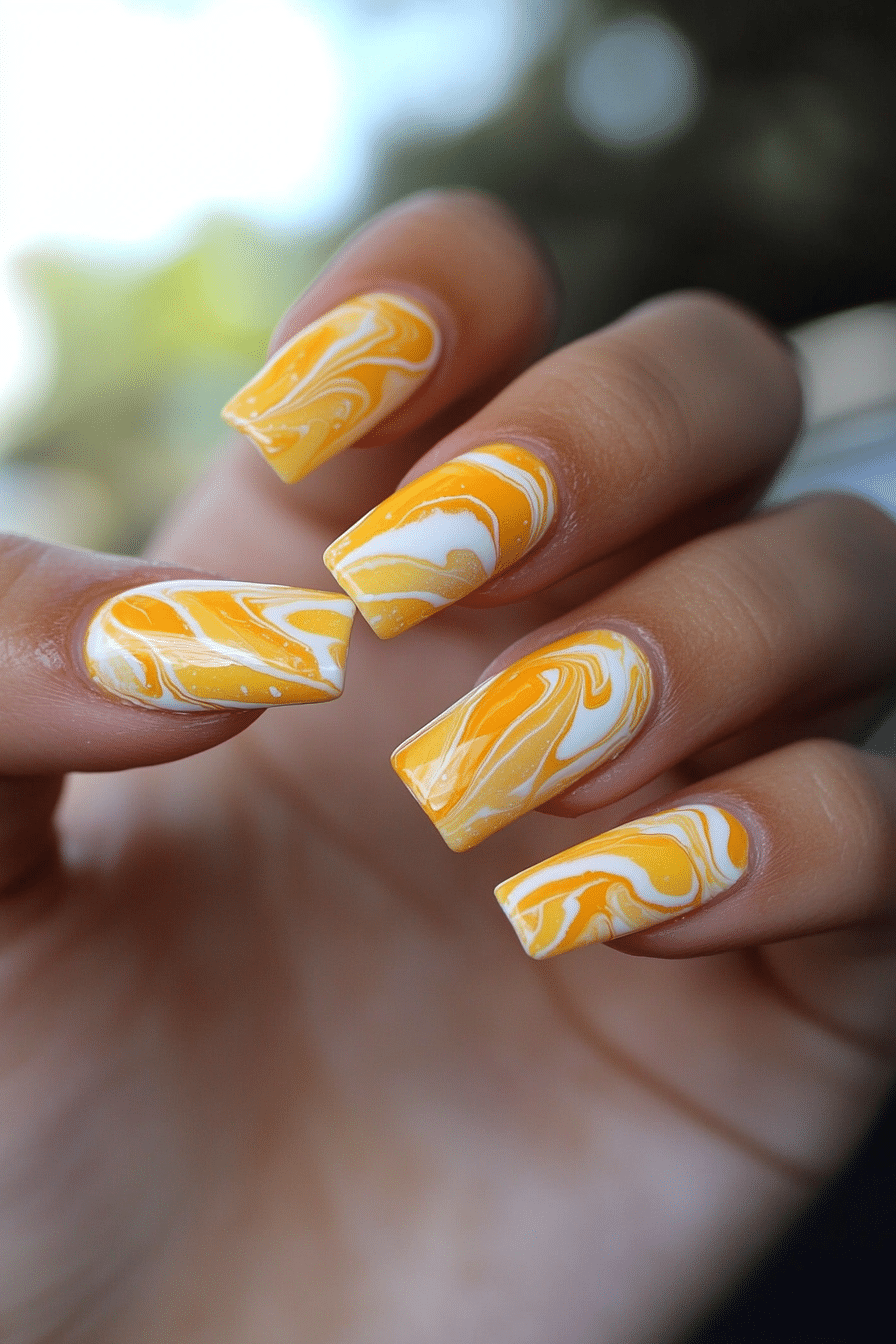 2. Citrus Swirl Marble (Yellow Nail Design Ideas) - Yellow Nail Design Ideas