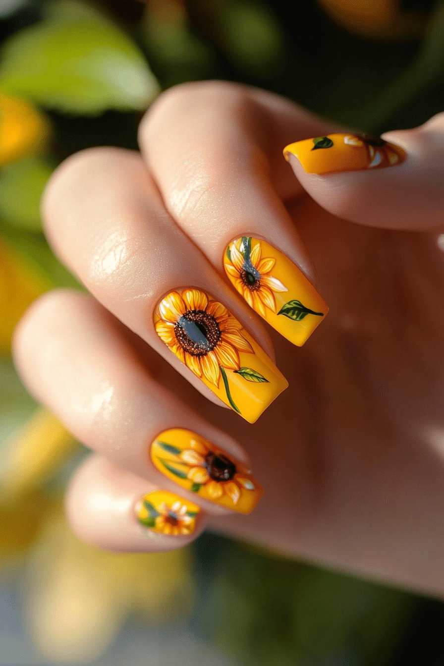 16. Sunflower Accent Nails (Yellow Nail Design Ideas) - Yellow Nail Design Ideas