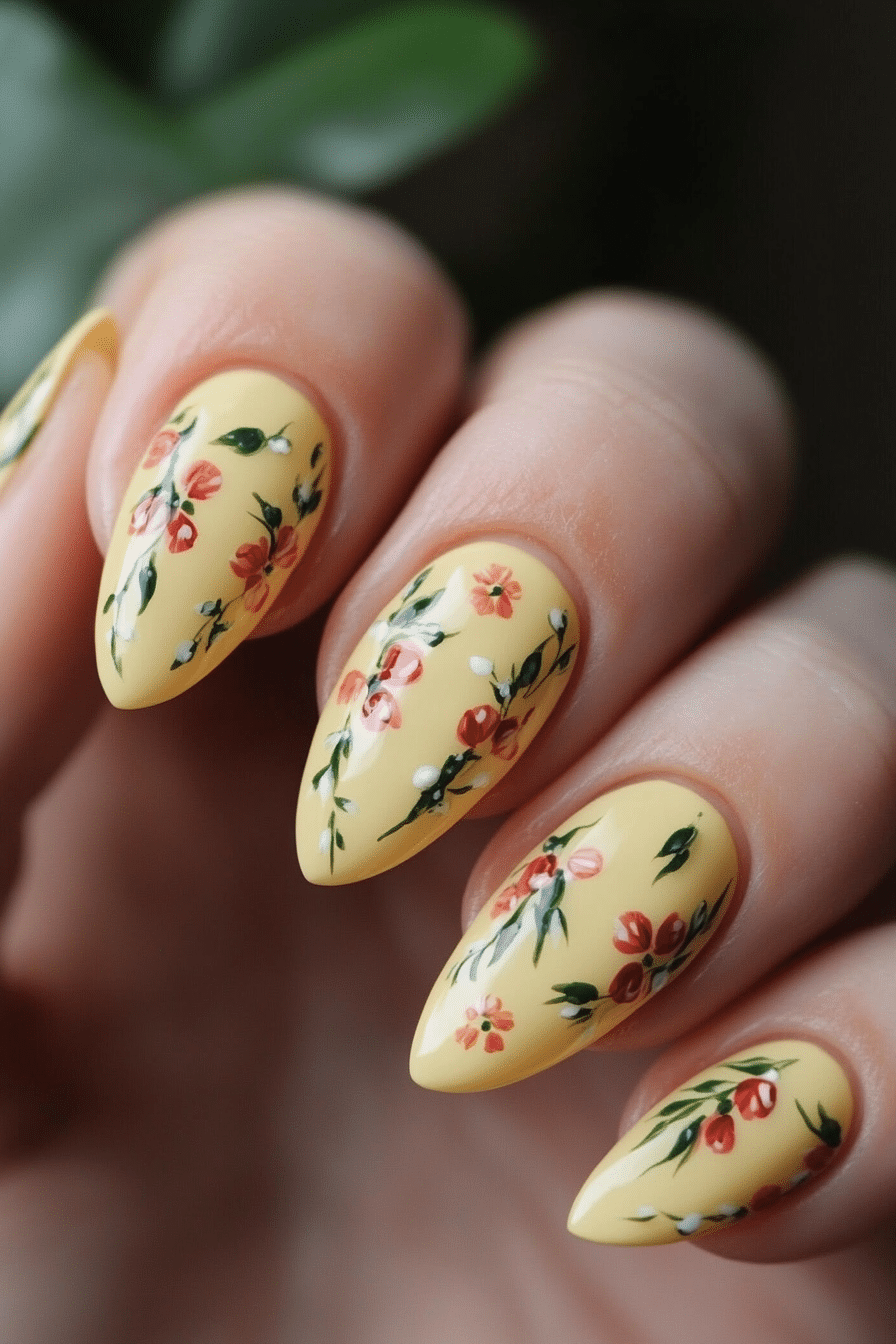 21. Vintage Floral Yellow (Yellow Nail Design Ideas) - Yellow Nail Design Ideas