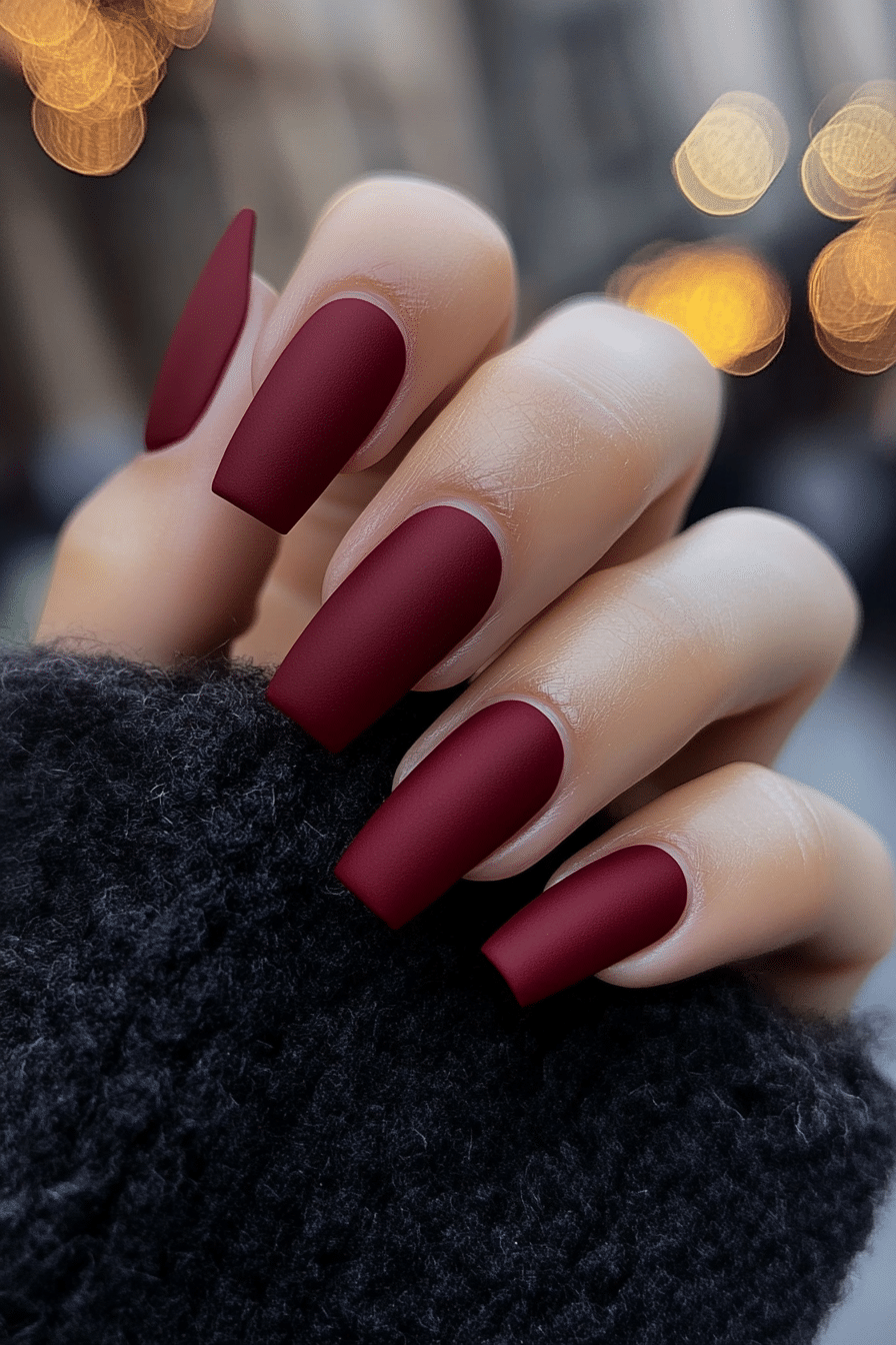 2. Matte Merlot Drama (Dark Red Coffin Nail Design Ideas) - Dark Red Coffin Nail Design Ideas