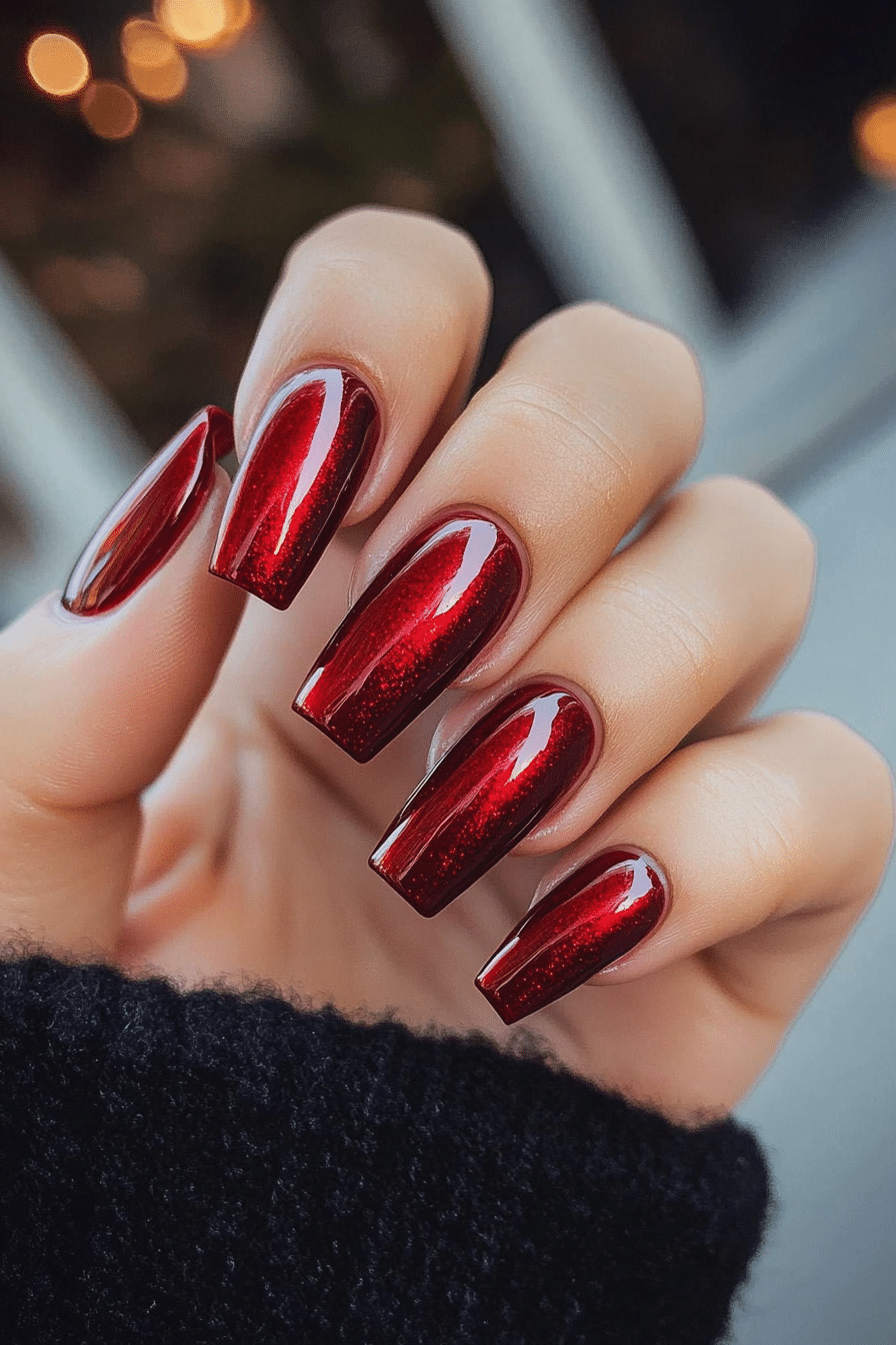 3. Glossy Garnet Luxe (Dark Red Coffin Nail Design Ideas) - Dark Red Coffin Nail Design Ideas