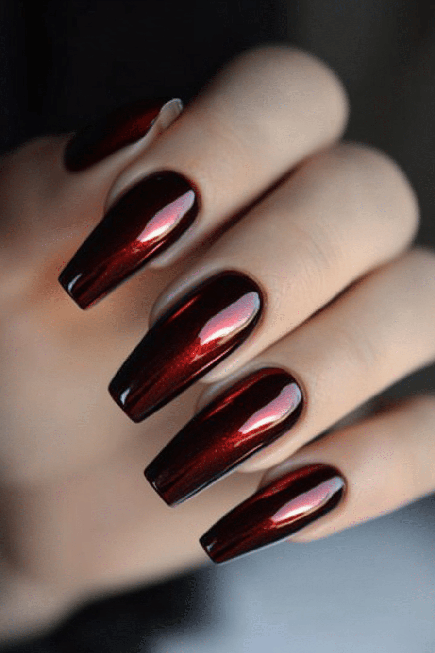 4. Crimson Chrome Fade (Dark Red Coffin Nail Design Ideas) - Dark Red Coffin Nail Design Ideas