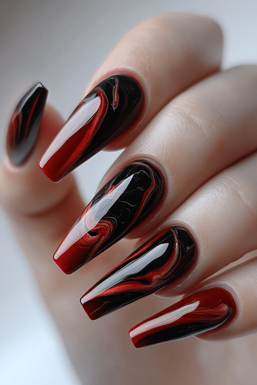 5. Ember Red Marble (Dark Red Coffin Nail Design Ideas) - Dark Red Coffin Nail Design Ideas