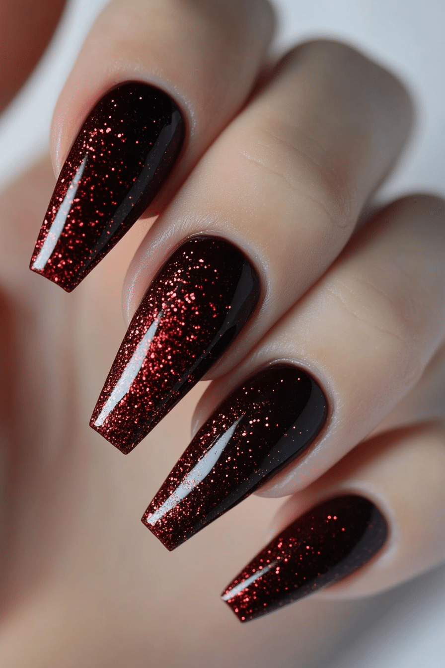 7. Deep Wine Glitter Mix (Dark Red Coffin Nail Design Ideas) - Dark Red Coffin Nail Design Ideas