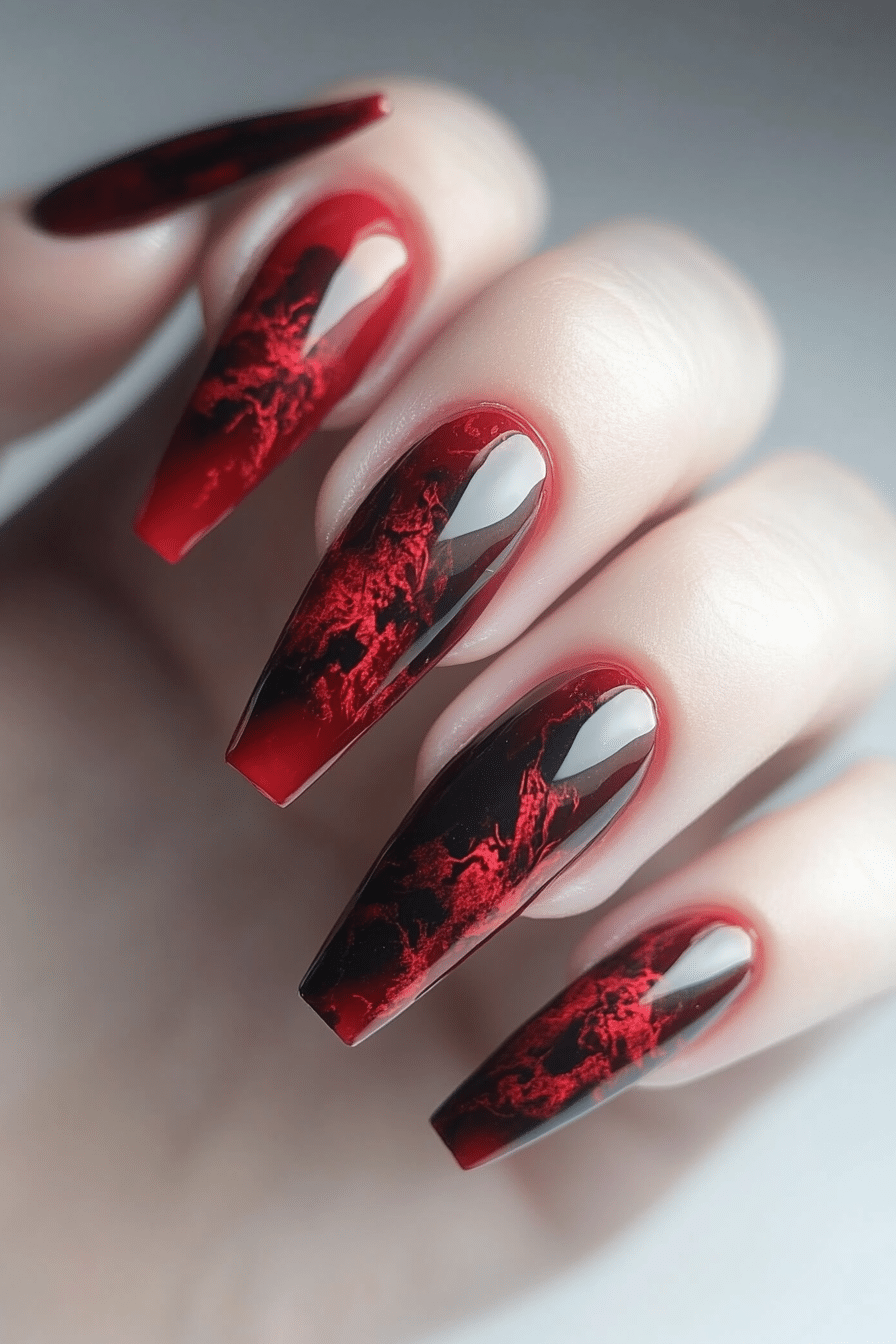 8. Satin Ruby Layers (Dark Red Coffin Nail Design Ideas) - Dark Red Coffin Nail Design Ideas