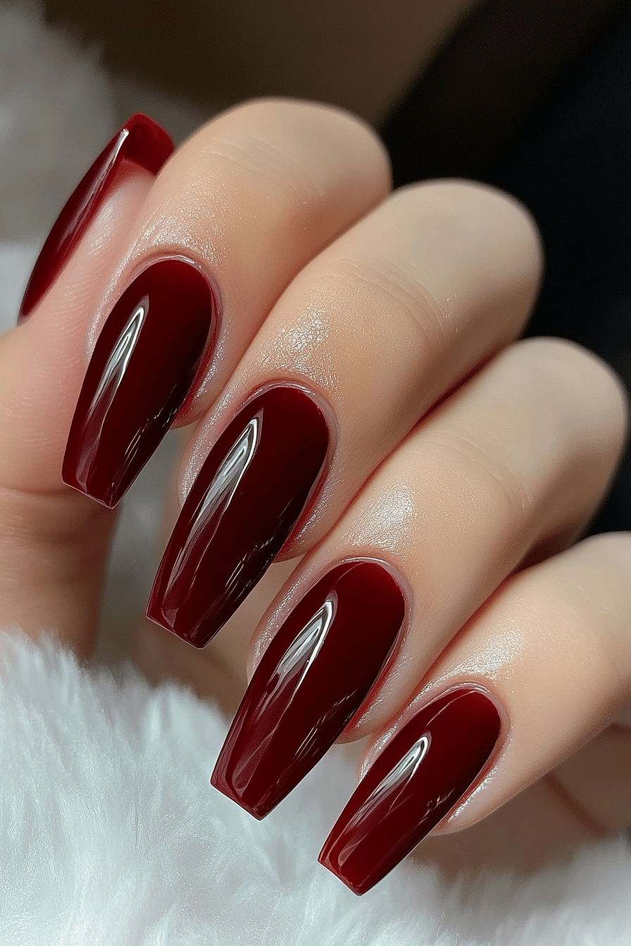 10. Dark Cherry Gloss (Dark Red Coffin Nail Design Ideas) - Dark Red Coffin Nail Design Ideas