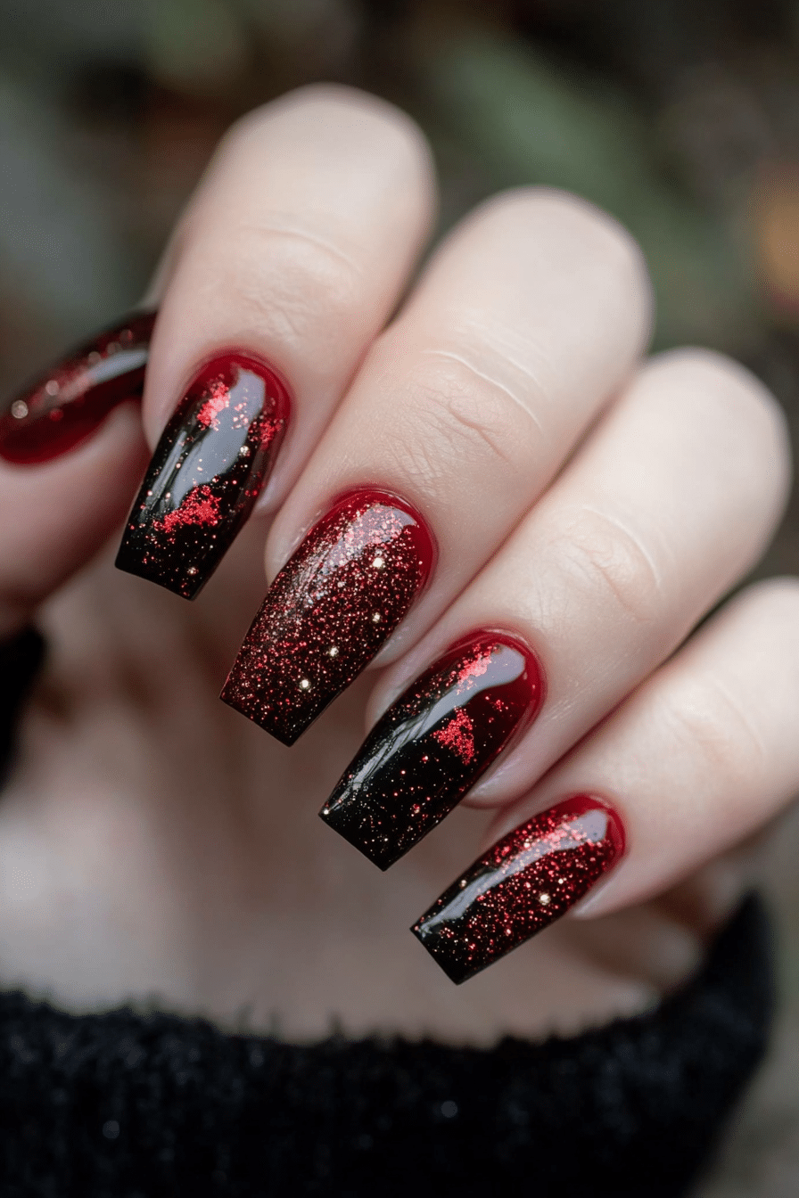 12. Burnt Red Galaxy (Dark Red Coffin Nail Design Ideas) - Dark Red Coffin Nail Design Ideas