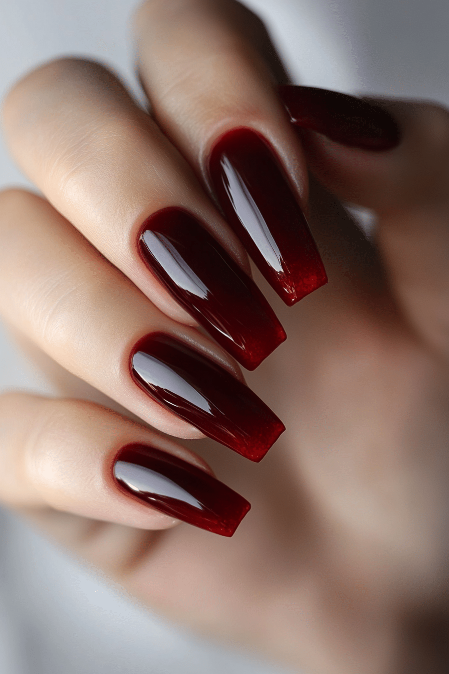 13. Wine Red Jelly Finish (Dark Red Coffin Nail Design Ideas) - Dark Red Coffin Nail Design Ideas