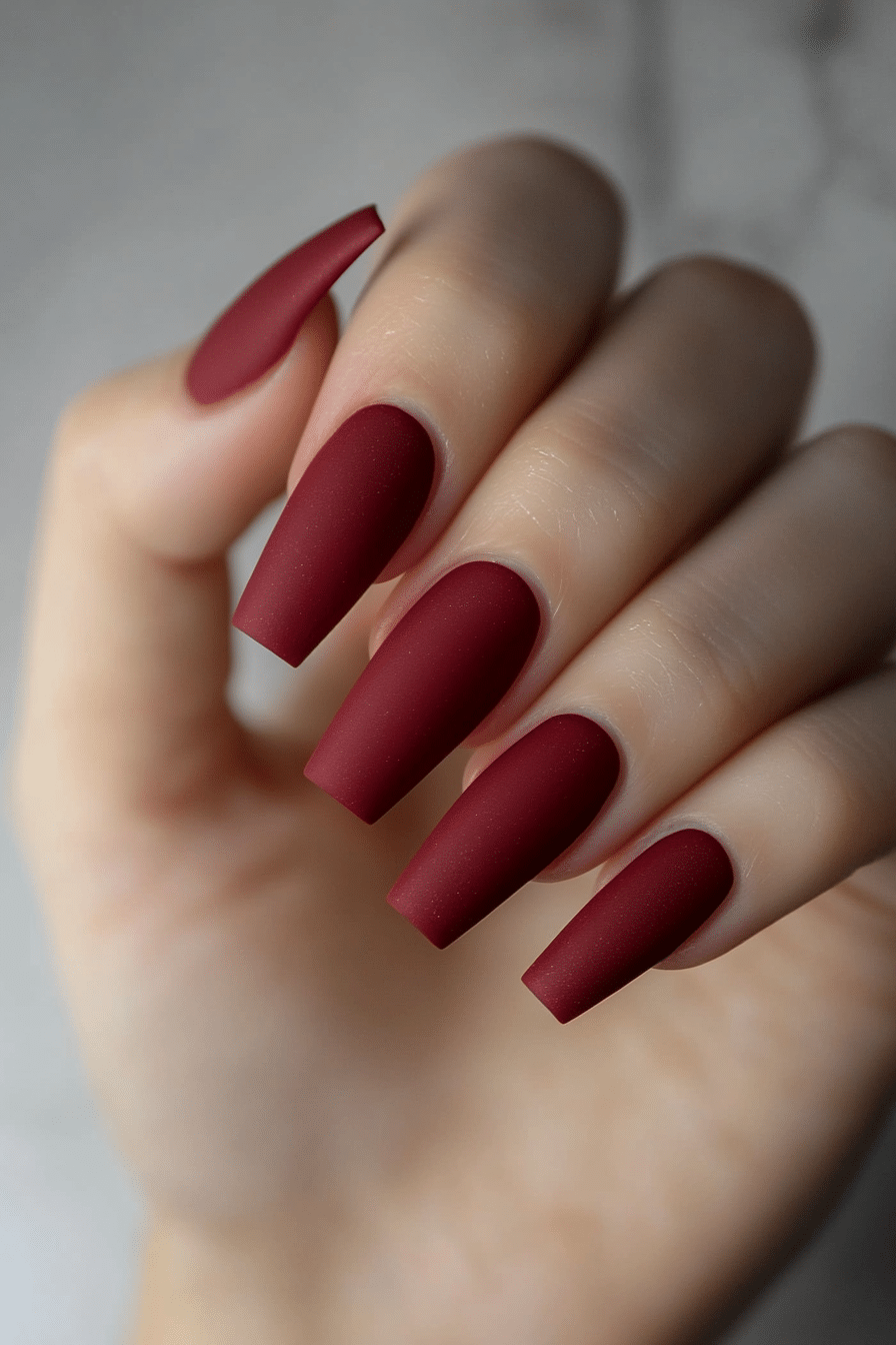 14. OxBlood Matte Marble (Dark Red Coffin Nail Design Ideas) - Dark Red Coffin Nail Design Ideas