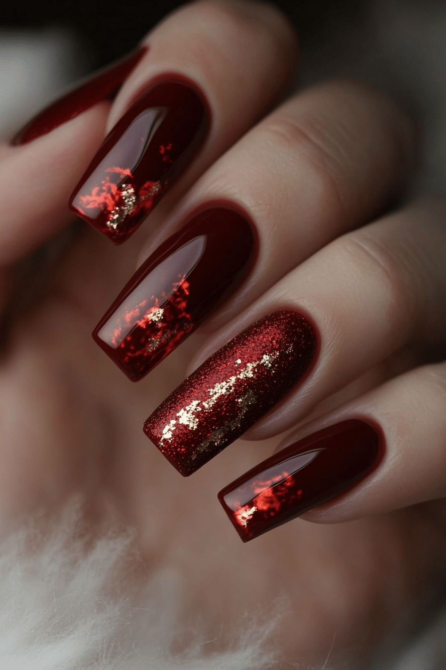 15. Garnet Foil Overlay (Dark Red Coffin Nail Design Ideas) - Dark Red Coffin Nail Design Ideas
