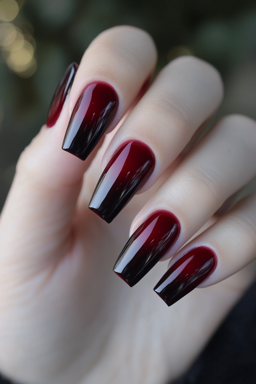16. Vampy Ombre Smoke (Dark Red Coffin Nail Design Ideas) - Dark Red Coffin Nail Design Ideas