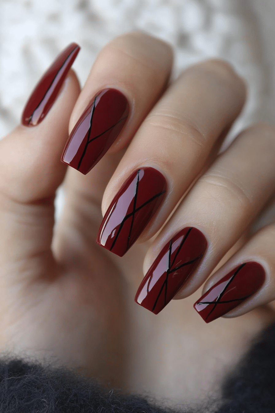 17. Mulled Wine Ink (Dark Red Coffin Nail Design Ideas) - Dark Red Coffin Nail Design Ideas