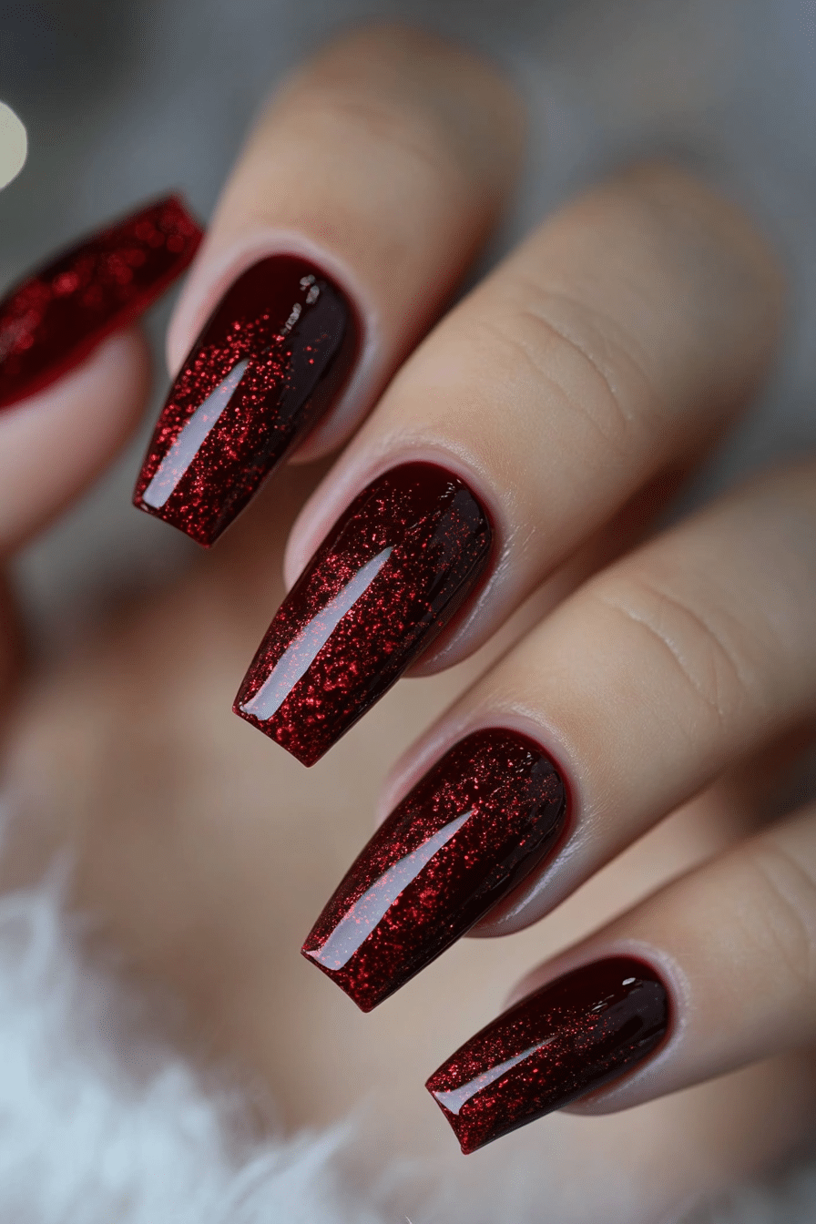 18. Cinnamon Ruby Swirl (Dark Red Coffin Nail Design Ideas) - Dark Red Coffin Nail Design Ideas
