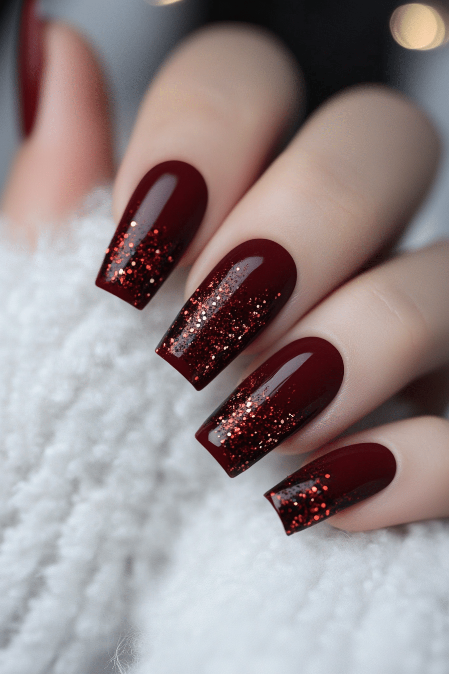 20. Dusty Crimson Foil Flakes (Dark Red Coffin Nail Design Ideas) - Dark Red Coffin Nail Design Ideas