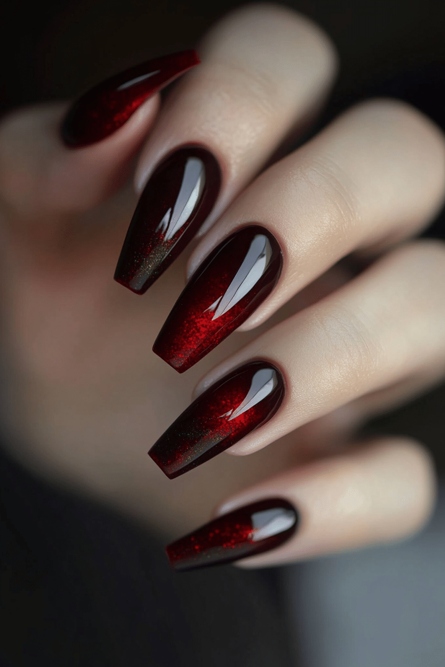 21. Bloodstone Texture (Dark Red Coffin Nail Design Ideas) - Dark Red Coffin Nail Design Ideas