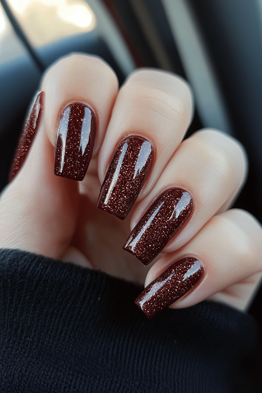 22. Muted Merlot Sparkle (Dark Red Coffin Nail Design Ideas) - Dark Red Coffin Nail Design Ideas