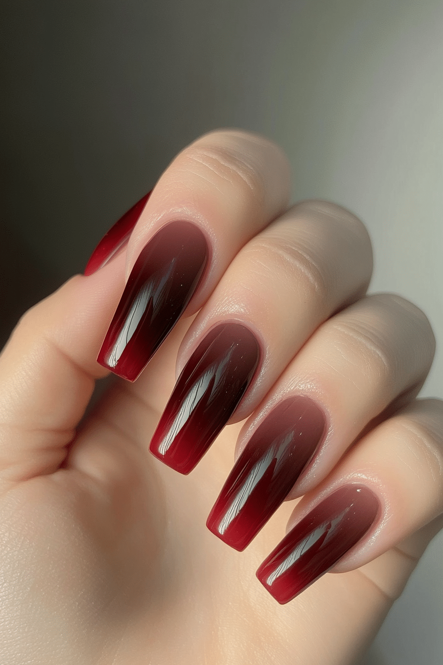 23. Twilight Crimson Smoke (Dark Red Coffin Nail Design Ideas) - Dark Red Coffin Nail Design Ideas