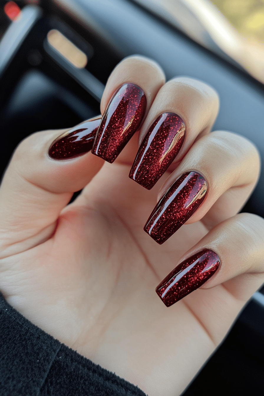 24. Plum Red Illusion (Dark Red Coffin Nail Design Ideas) - Dark Red Coffin Nail Design Ideas