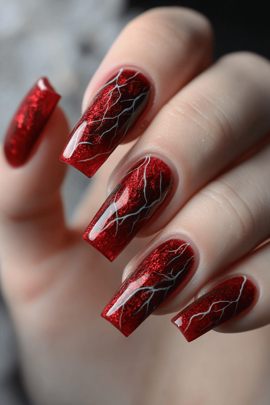 26. Dark Rose Quartz Veins (Dark Red Coffin Nail Design Ideas) - Dark Red Coffin Nail Design Ideas