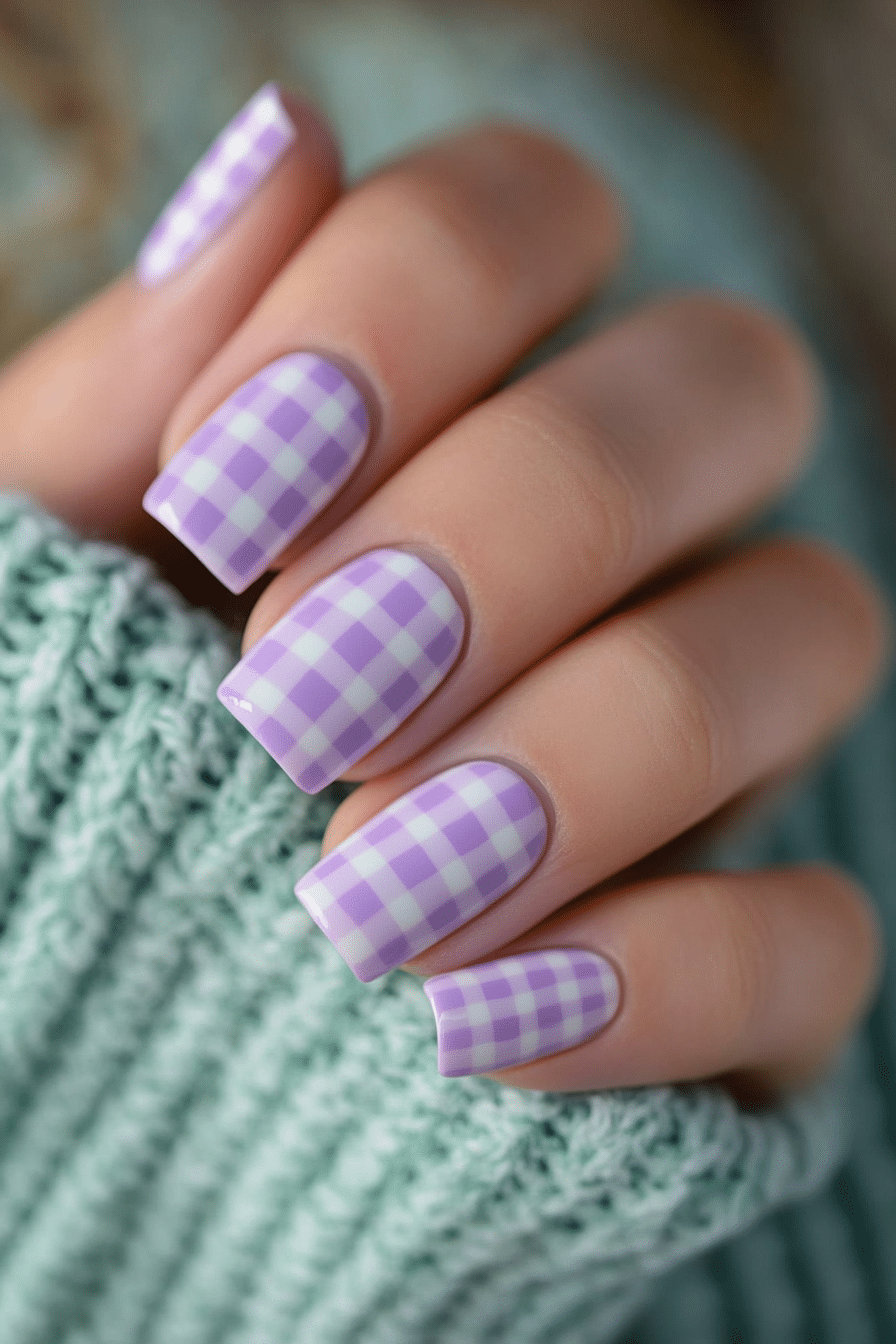 9. Lilac Checkered Chic (Cute Short Nail Design Ideas) - Cute Short Nail Design Ideas