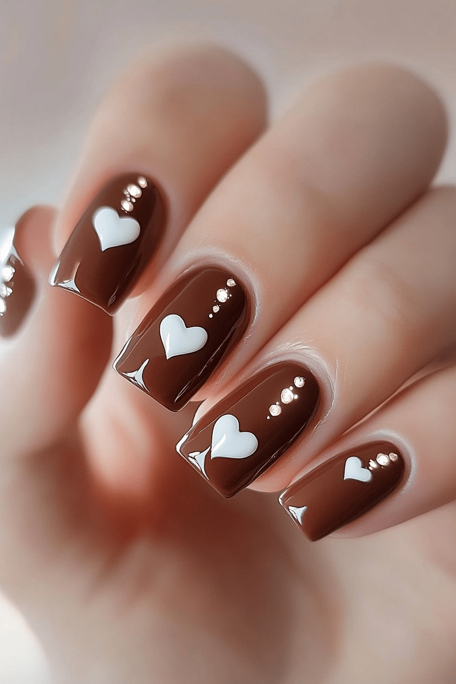 21. Cocoa Hearts (Cute Short Nail Design Ideas) - Cute Short Nail Design Ideas