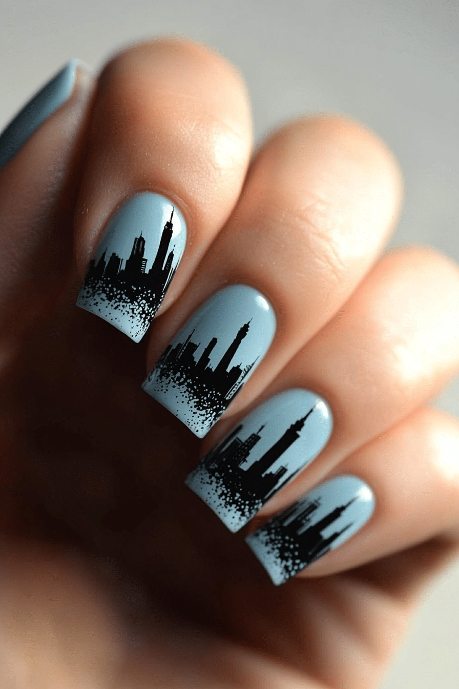 22. Skyline Sketch (Cute Short Nail Design Ideas) - Cute Short Nail Design Ideas