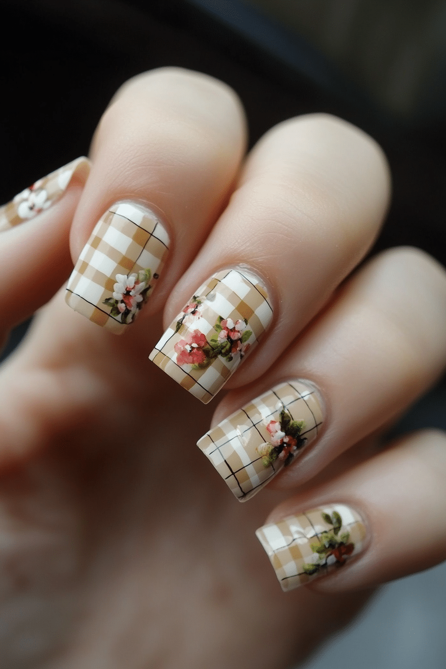 23. Creamy Checker Bloom (Cute Short Nail Design Ideas) - Cute Short Nail Design Ideas