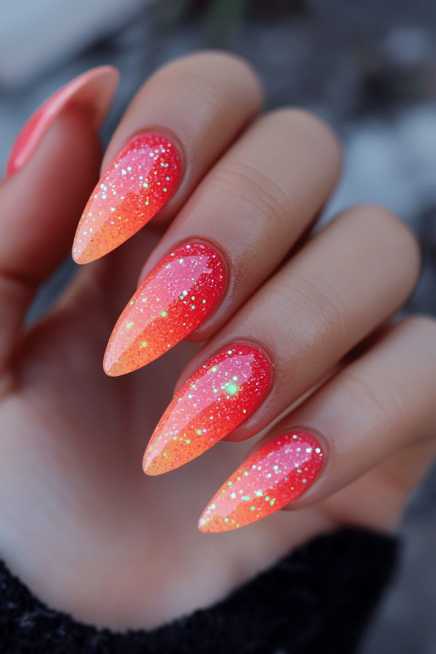 19. Neon Coral Spark (Glitter Nail Design Ideas) - Glitter Nail Design Ideas