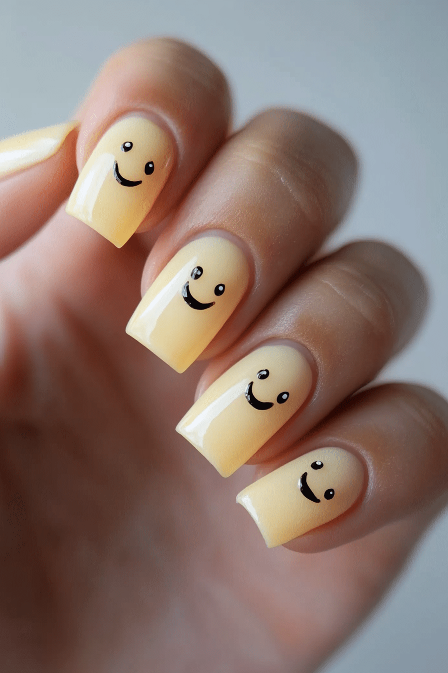 15. Butter Yellow Smiley Accents (Short Nail Art Design Ideas) - Short Nail Art Design Ideas