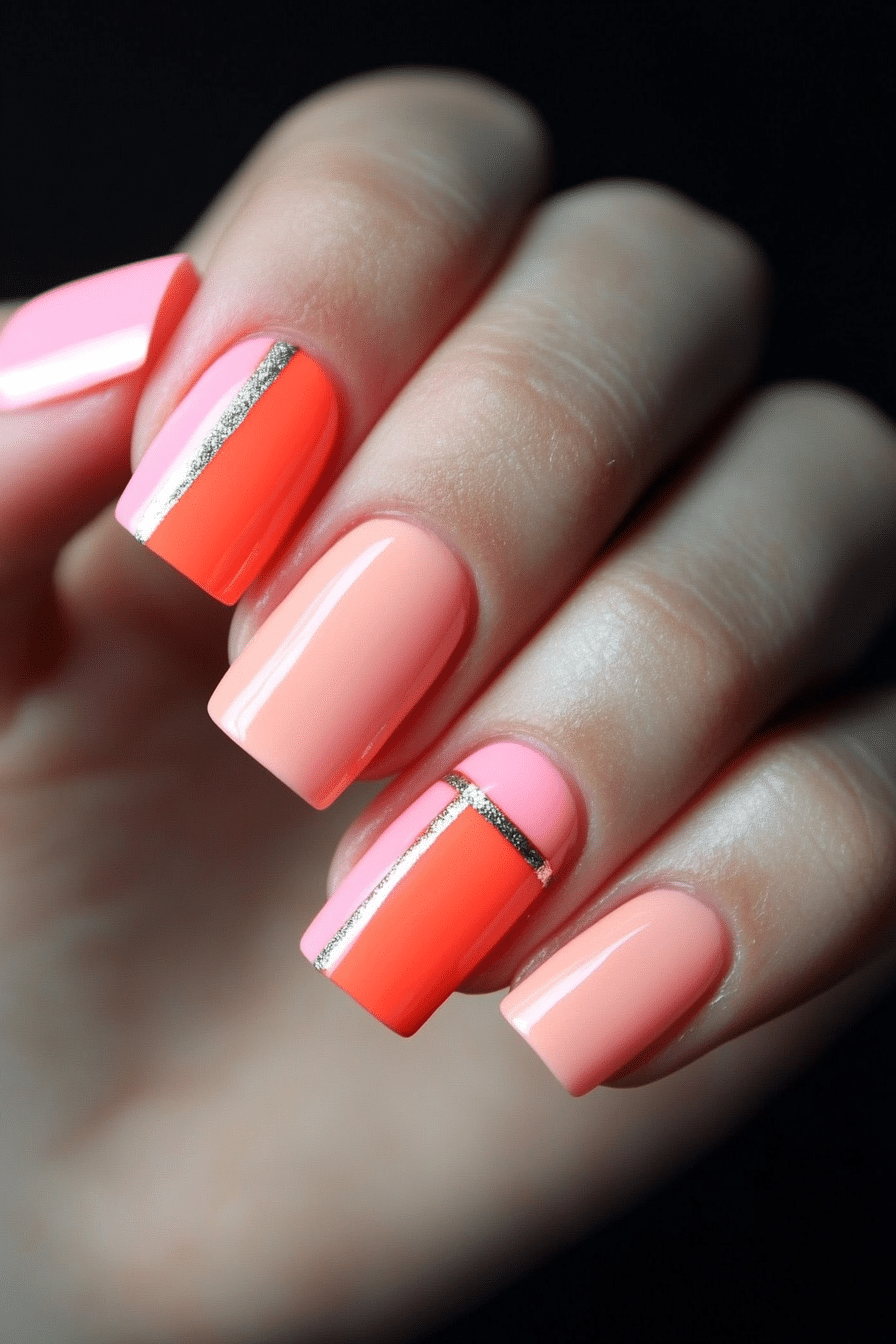 19. Coral Stripe Splits (Short Nail Art Design Ideas) - Short Nail Art Design Ideas