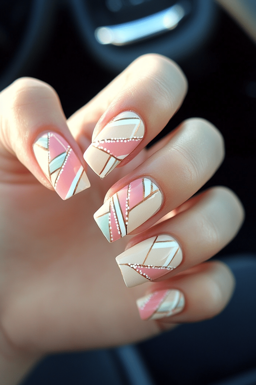 25. Powder Pink Patchwork (Short Nail Art Design Ideas) - Short Nail Art Design Ideas