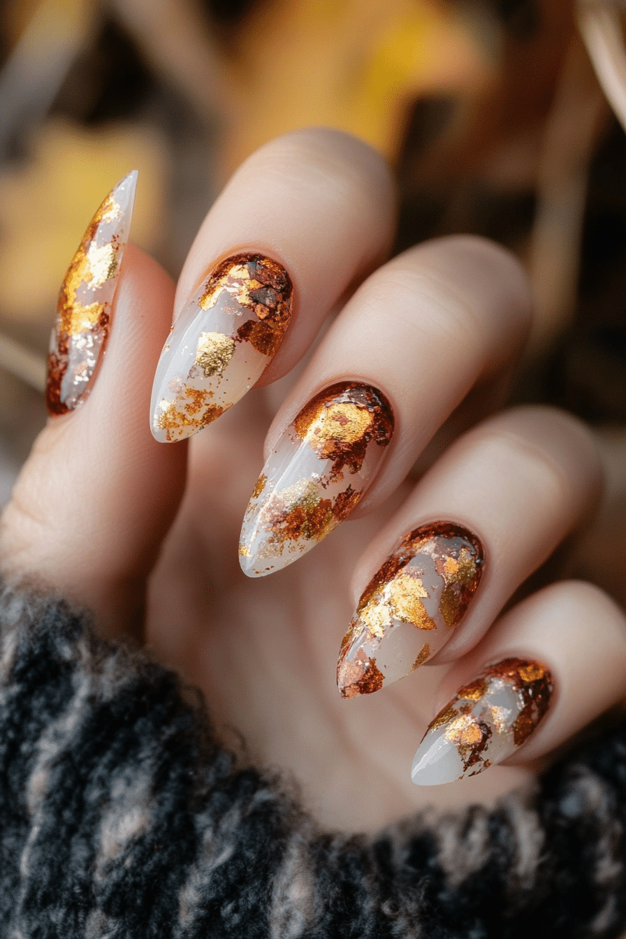12. Amber Foil Flecks (Thanksgiving Nail Design Ideas) - Thanksgiving Nail Design Ideas