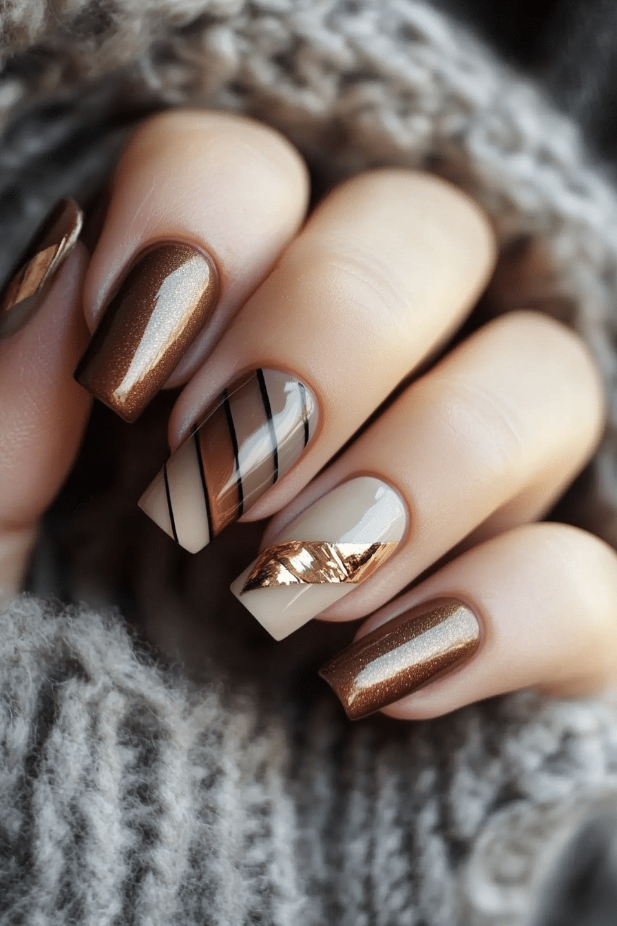 17. Bronze & Bark Contrast (Thanksgiving Nail Design Ideas) - Thanksgiving Nail Design Ideas