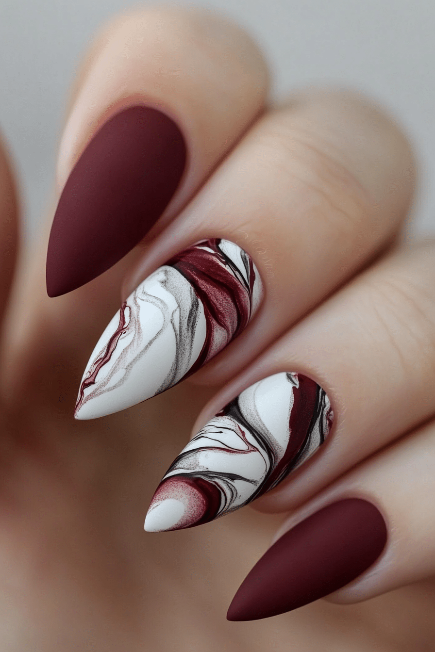 4. Matte Burgundy Marble (Burgundy Nail Design Ideas) - Burgundy Nail Design Ideas