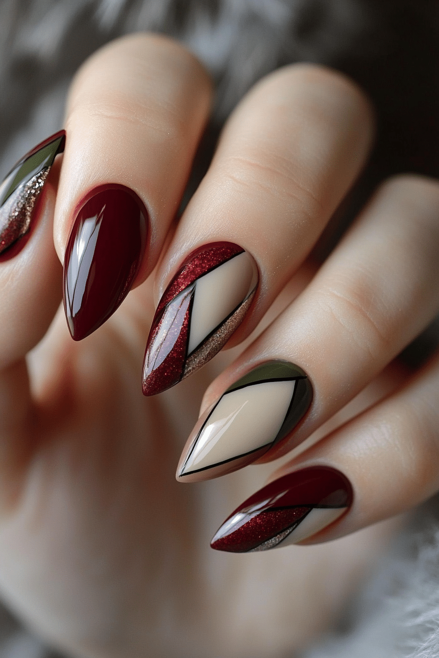 5. Burgundy and Olive Geometric (Burgundy Nail Design Ideas) - Burgundy Nail Design Ideas