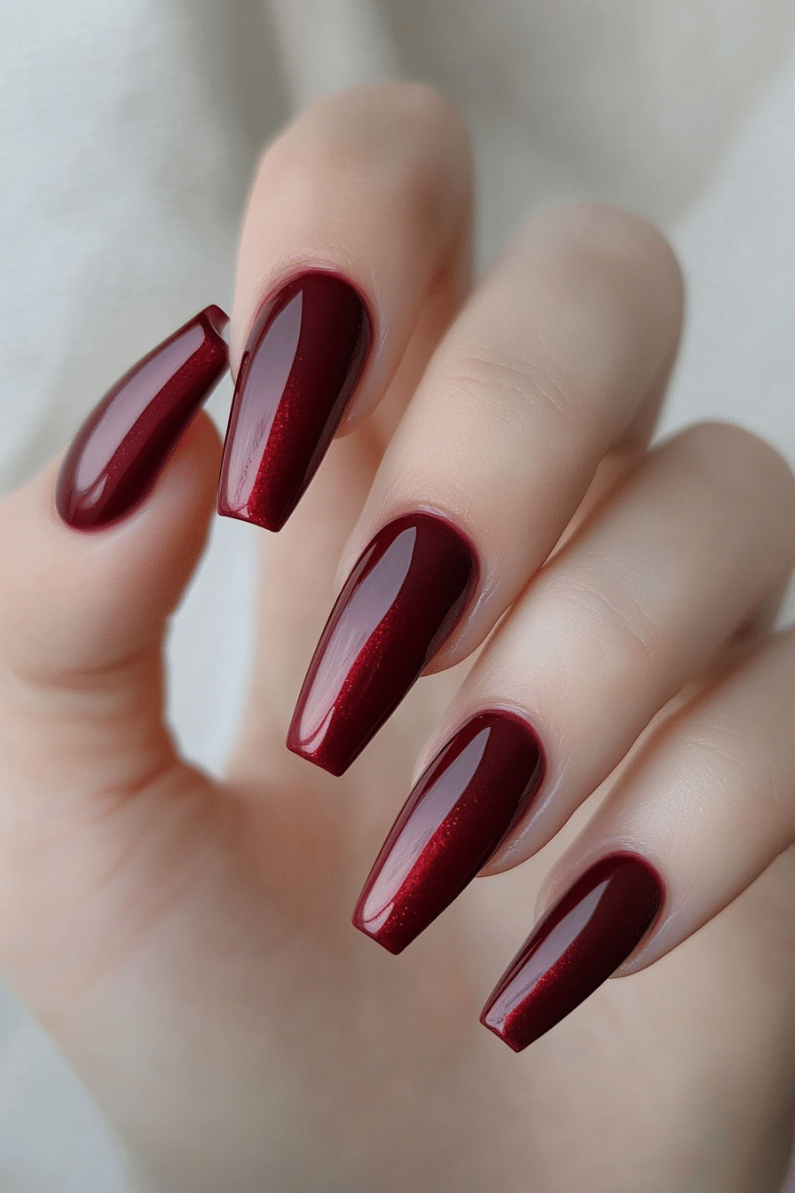 8. Satin Burgundy Coffin Nails (Burgundy Nail Design Ideas) - Burgundy Nail Design Ideas