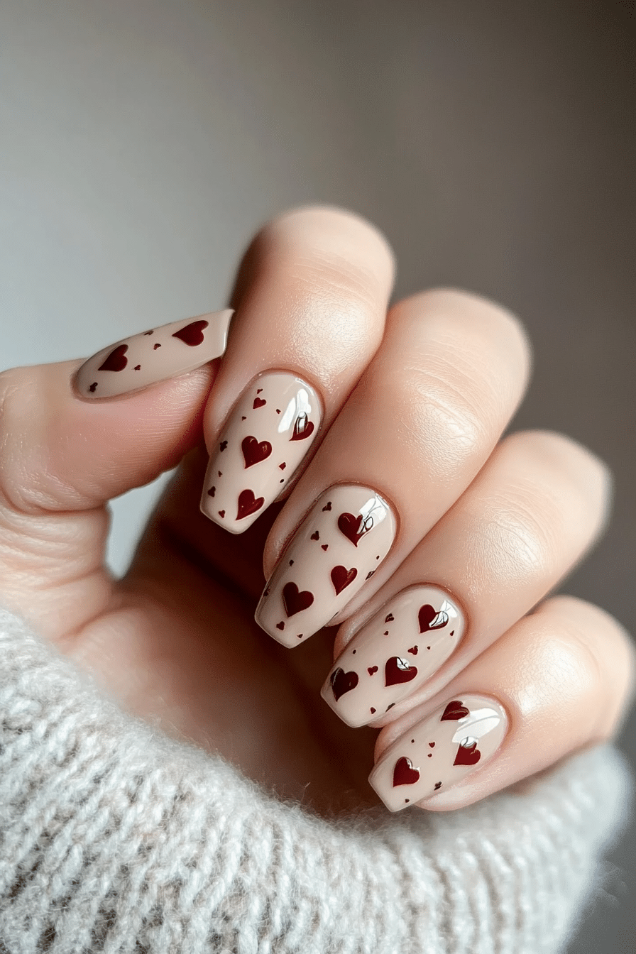 9. Tiny Burgundy Hearts on Beige Base (Burgundy Nail Design Ideas) - Burgundy Nail Design Ideas