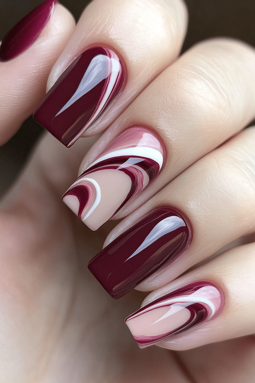10. Burgundy and Blush Swirl Art (Burgundy Nail Design Ideas) - Burgundy Nail Design Ideas