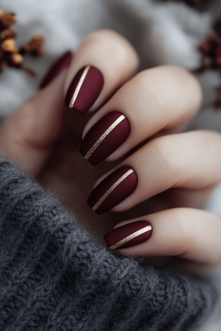 13. Deep Burgundy Matte with Gold Stripes (Burgundy Nail Design Ideas) - Burgundy Nail Design Ideas