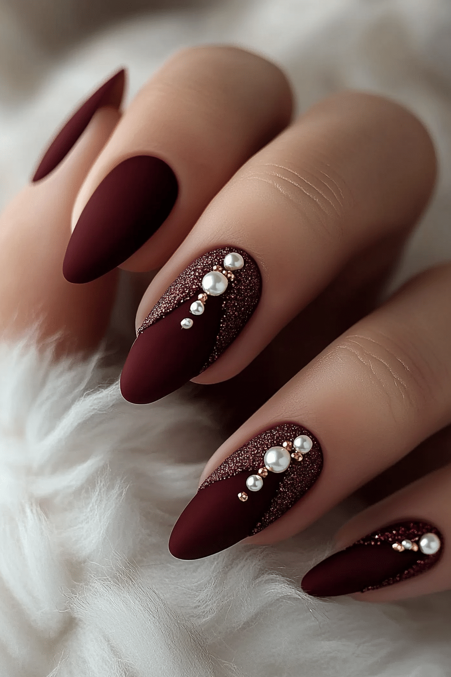 14. Textured Burgundy with 3D Pearls (Burgundy Nail Design Ideas) - Burgundy Nail Design Ideas