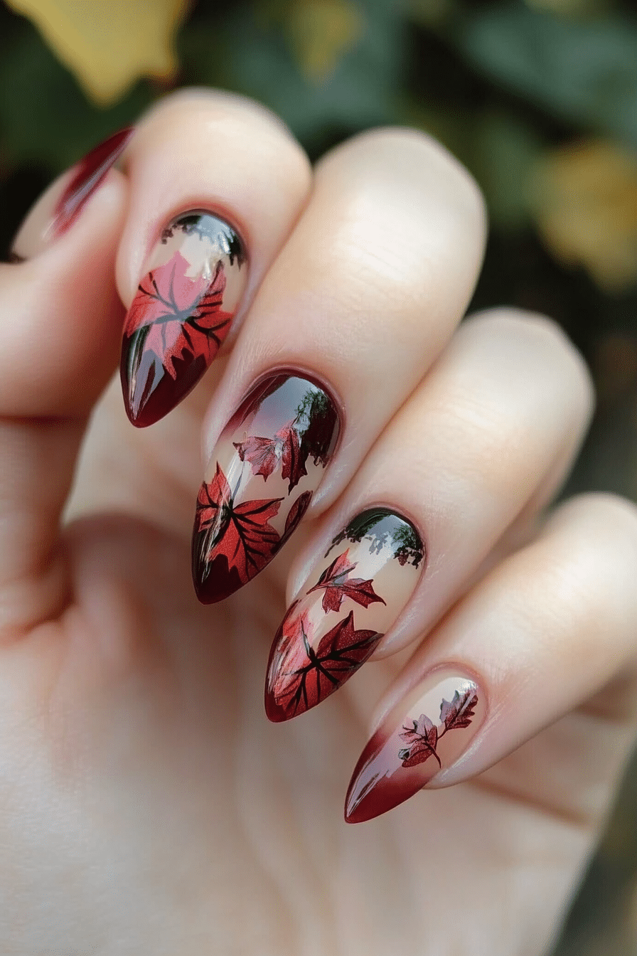 15. Autumn Leaf Overlay (Burgundy Nail Design Ideas) - Burgundy Nail Design Ideas