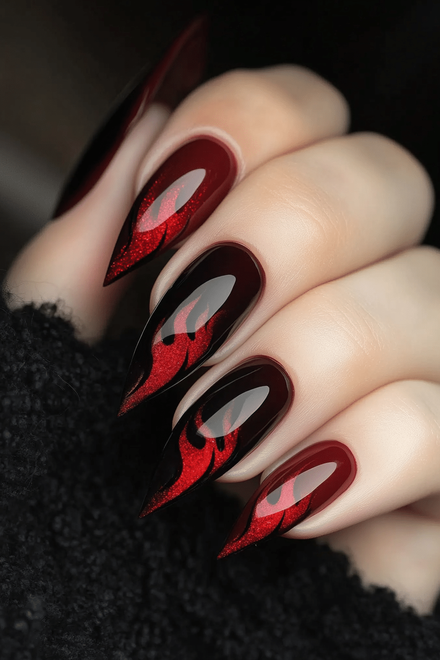 17. Chrome Burgundy Flames (Burgundy Nail Design Ideas) - Burgundy Nail Design Ideas